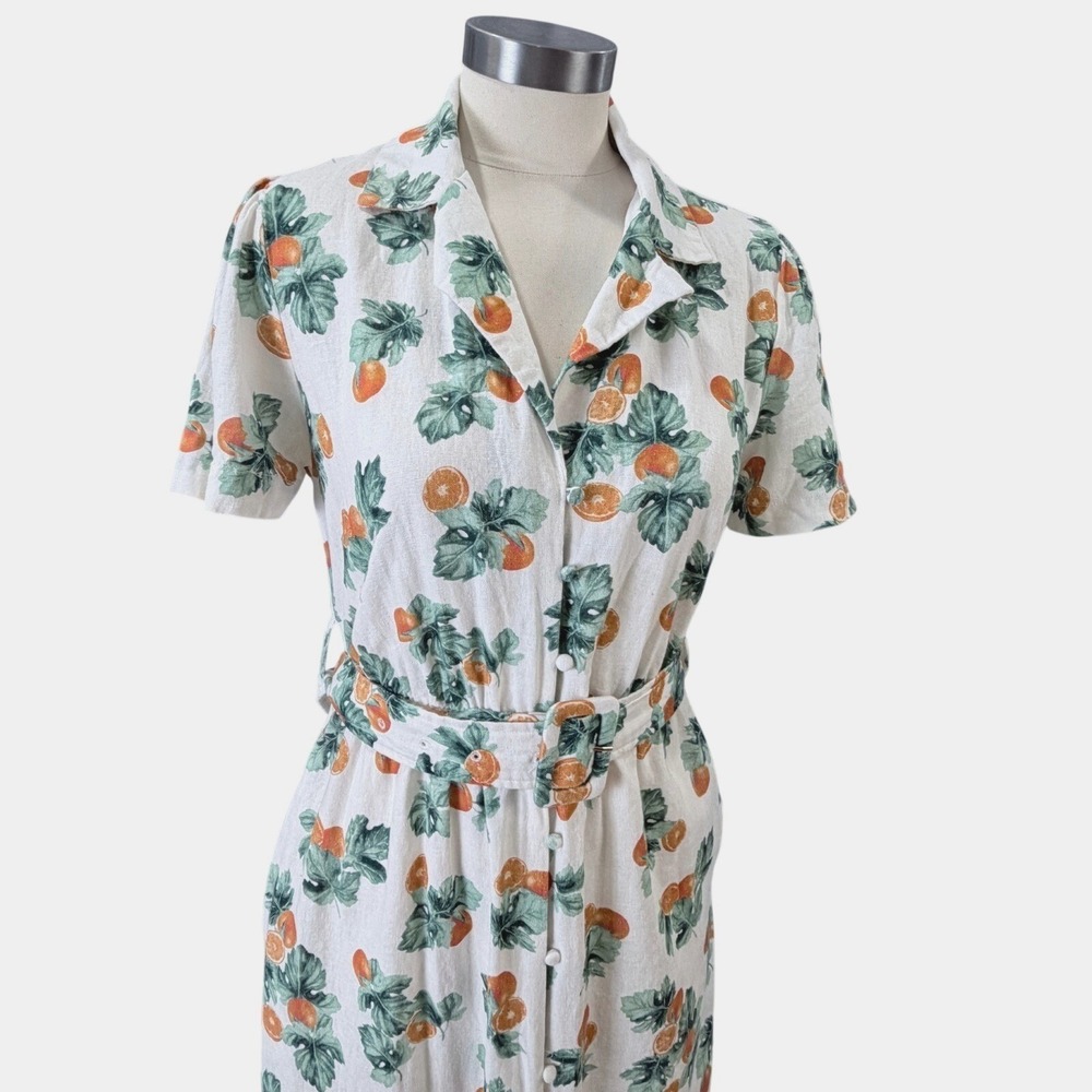 WeWoreWhat Citrus Print Linen Blend Midi Shirt Dress Tie Waist Size S Dopamine